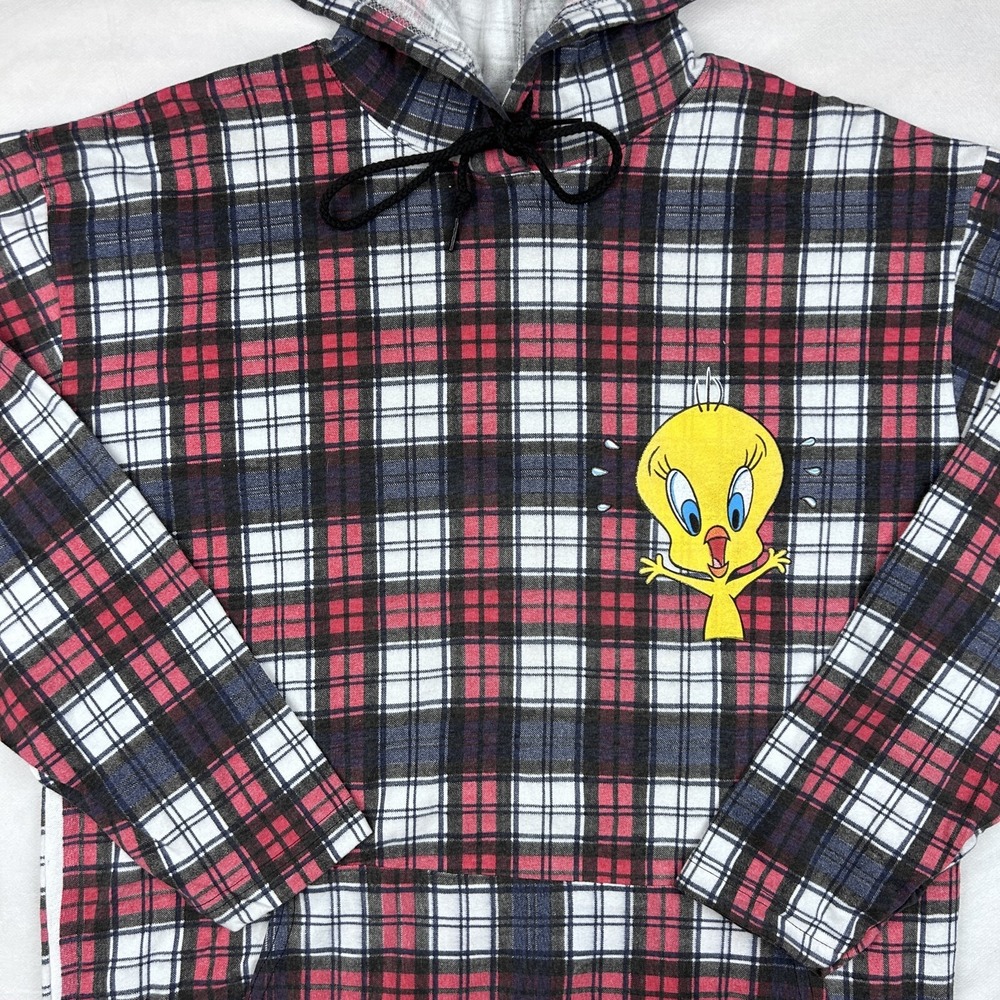 vintage 90s TWEETY LOONEY TUNES PLAID FLANNEL HOODED Sweatshirt M/L sweater tee